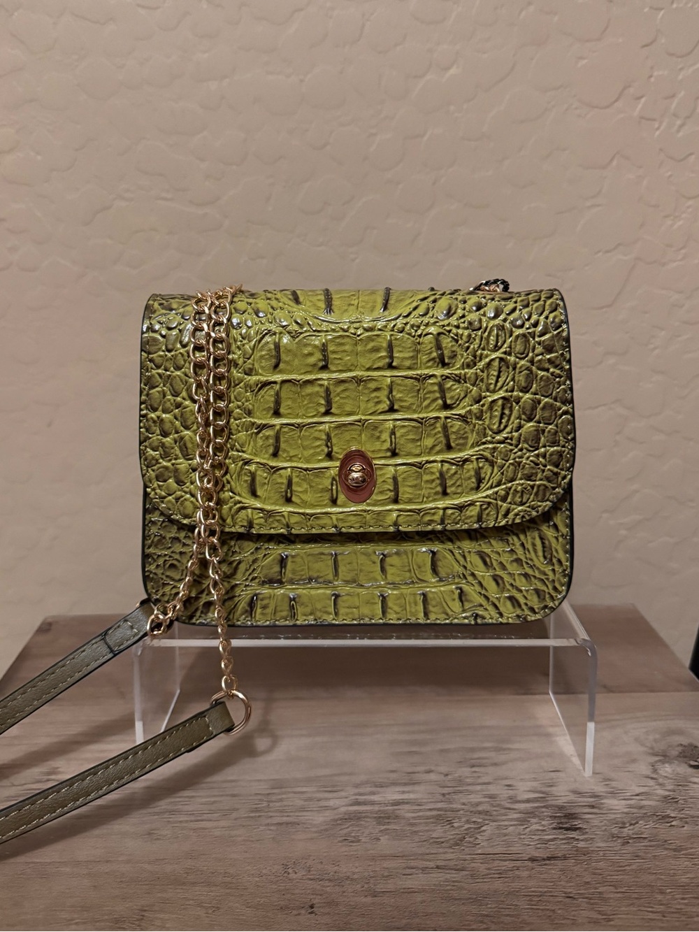 Leather Croc-Embossed Crossbody Bag in Olive Green